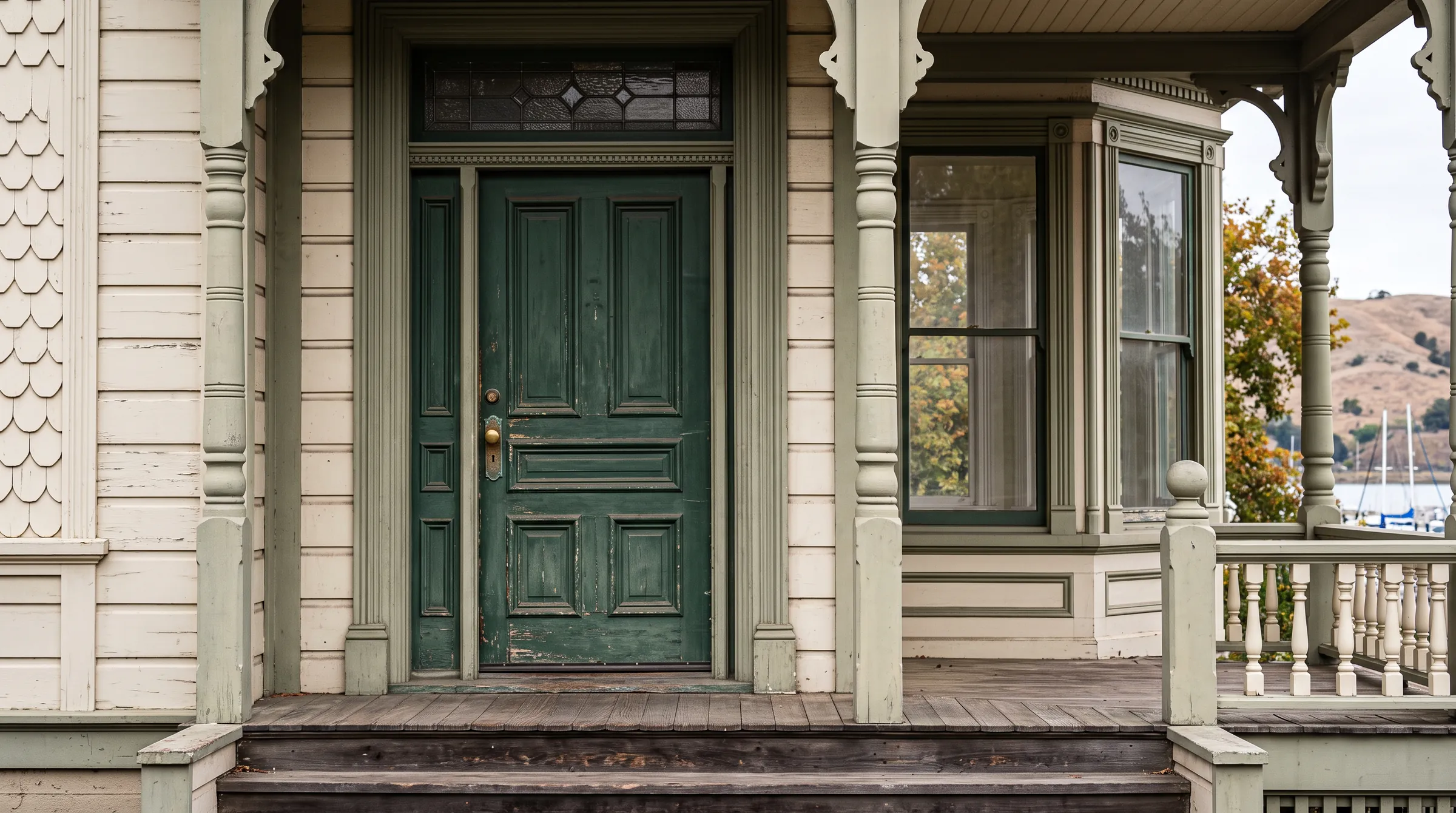 A downtown Martinez doorway in the evening: a tall painted door standing open, the bronze mortise body lifted out of its edge and resting on a cloth at hand height, the coats of paint showing like rings along the cut edge of the leaf.