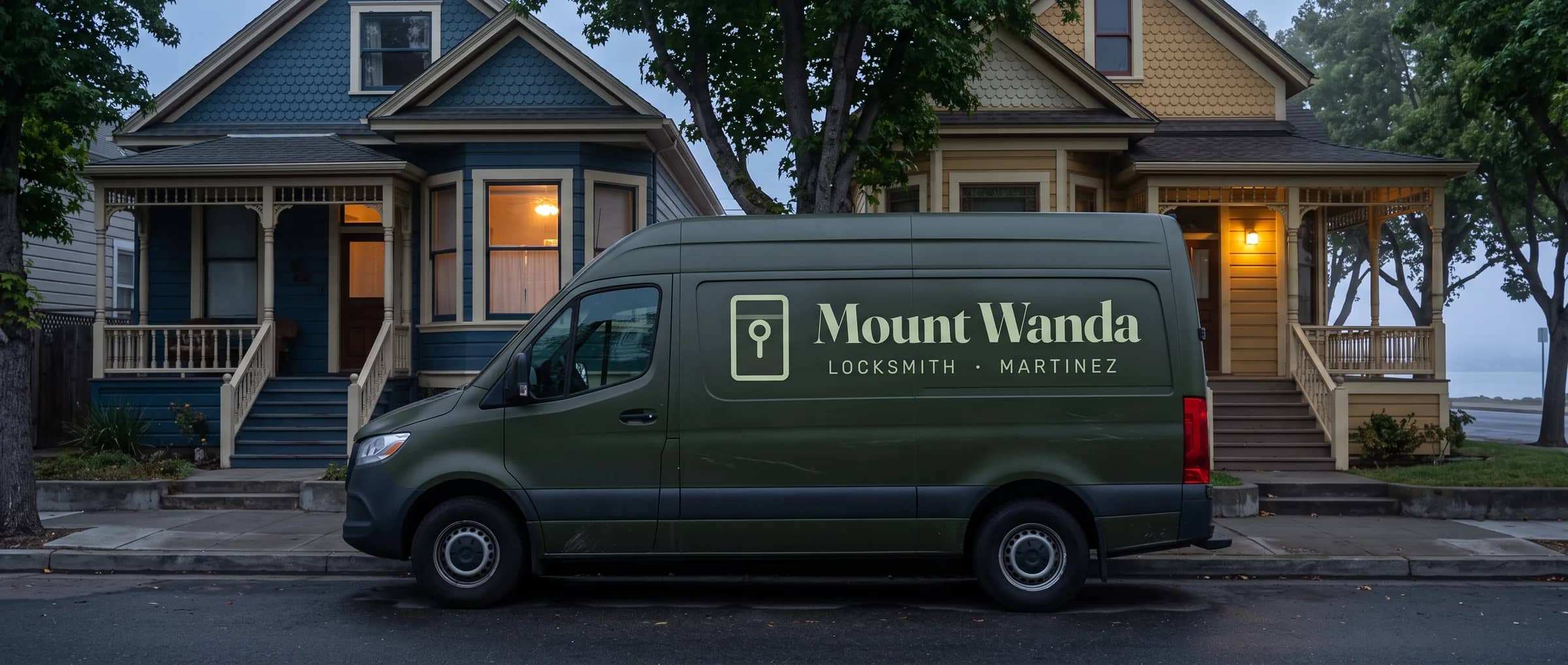 Mount Wanda van parked along the kerb on a Martinez street after sunset